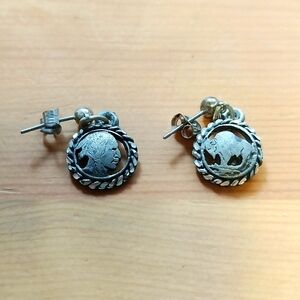 Vtg. EJC Buffalo Indian Head Pewter pierced earrings
